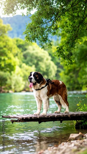 Saint Bernard dog on a wooden dock by a river