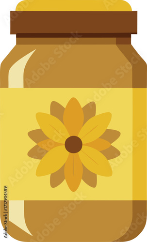 Jar of Honey with Sunflower Label Sweet and Natural Food Product on white background