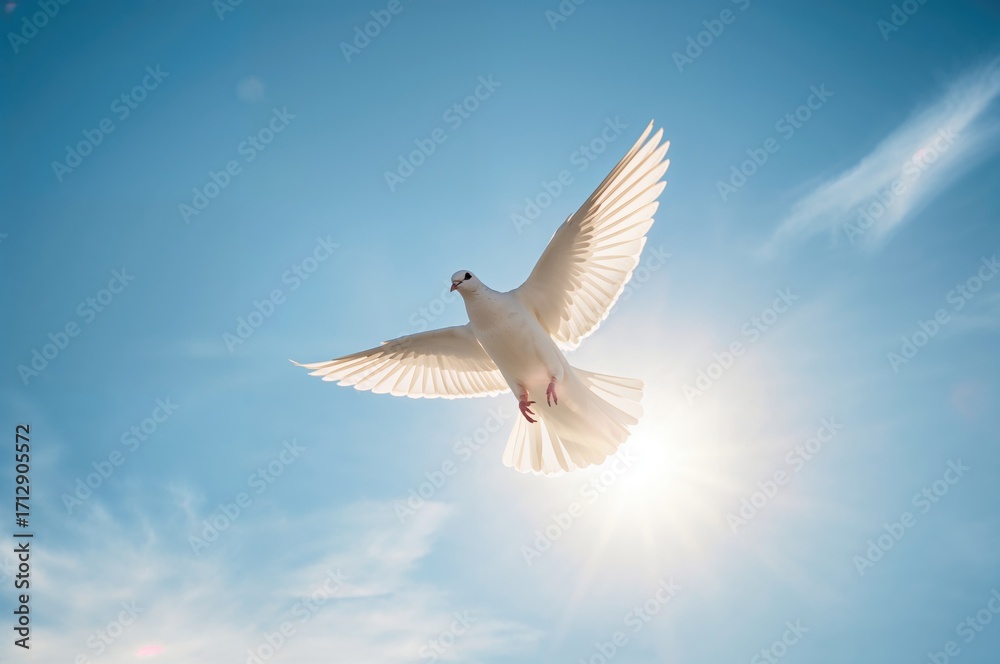 Obraz premium A white dove soars across the clear blue sky