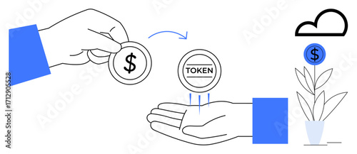 Hand exchanging dollar coin for token, arrows indicating transaction. Growing plant symbolizes investment growth. Ideal for finance, tokenization, blockchain, investment, digital economy, fintech