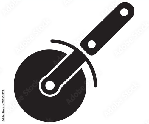 Black silhouette of pizza cutter wheel icon isolated on white background, minimalist vector illustration representing kitchen utensil, cooking tool, food preparation, culinary, restaurant, cutlery, an