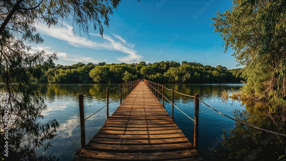 Fototapeta premium Rustic boardwalks crossing a serene body of water surrounded by nature
