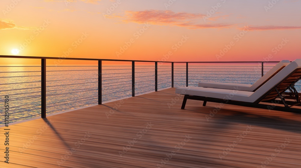 Obraz premium Serene sunset view from a modern deck with a lounge chair overlooking a tranquil ocean