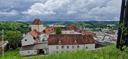 Passau, Bavaria, Germany 11.10.2023. Aerial view of Fortress Veste Oberhaus on a hilltop on the Donau river in Passau in summer, Passau Germany