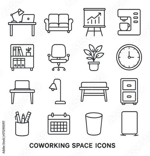 Set of coworking space icons featuring furniture and office essentials