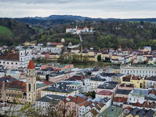 Germany, Bavaria, Passau, Mariahilf monastery from Veste Oberhaus castle.View of church Mariahilf in Passau.