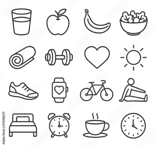 Healthy lifestyle icons: fitness, nutrition, exercise, sleep, wellness symbols