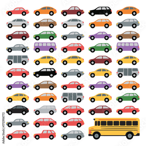 cartoon car vector set with suv sedan van school bus in flat style for transport illustration and automotive design