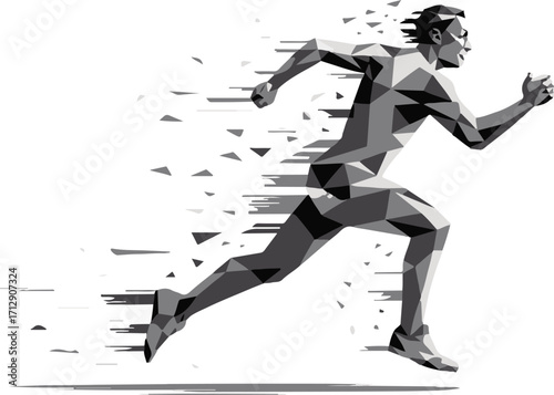 abstract geometric runner design symbolizing fitness movement and digital fragmentation concept