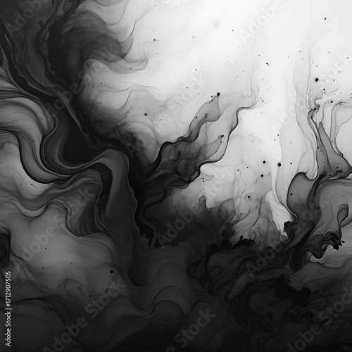 Abstract black and white ink texture with fluid marble patterns, artistic monochrome background