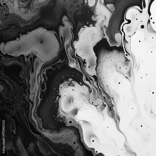 Abstract black and white ink texture with fluid marble patterns, artistic monochrome background