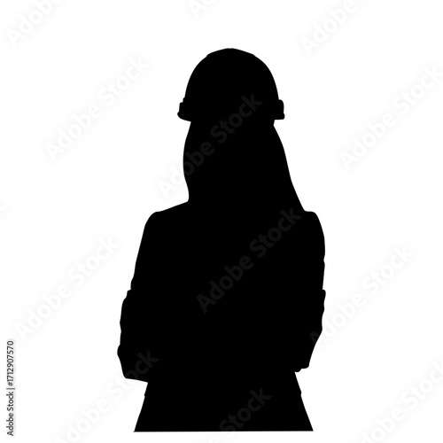 A strong, professional silhouette of a woman wearing a hard hat, arms crossed, conveying determination and readiness.