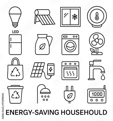 Energy-efficient household icons: appliances, solar panels, recycling, led, conservation