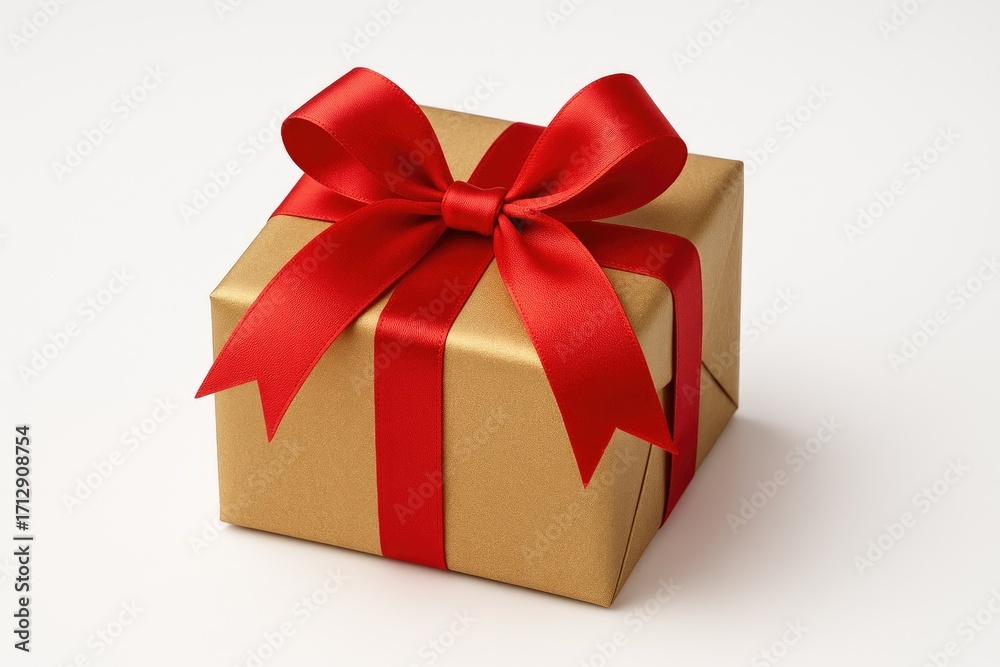 Fototapeta premium Seasonal wrapped present adorned with a red decorative bow