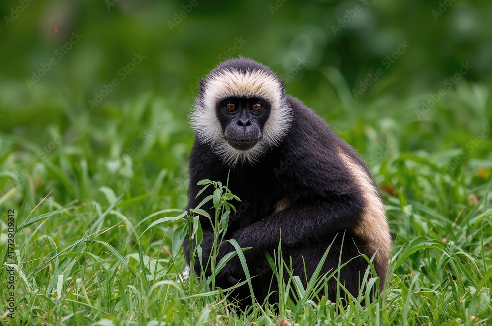 Fototapeta premium Close-up of a White-faced Capuchin Monkey on lush greenery