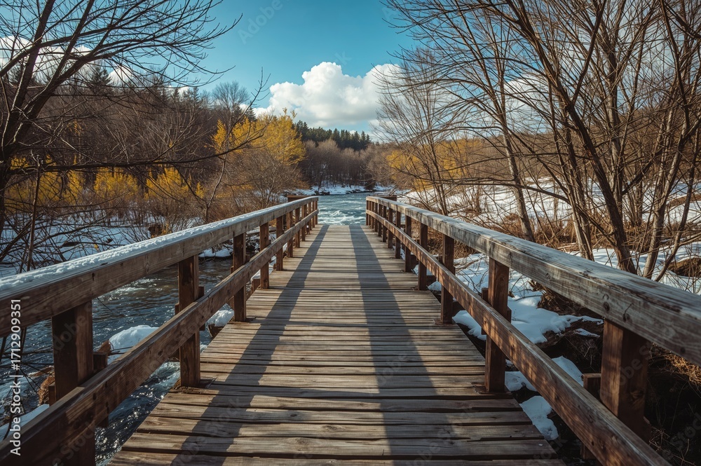 Naklejka premium Sunlit wooden footbridge during wintertime