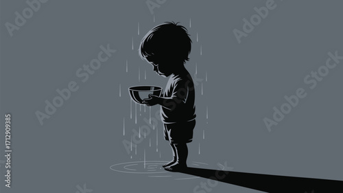 Vulnerable child stands in the rain seeking help with empty bowl, symbolizing poverty and need