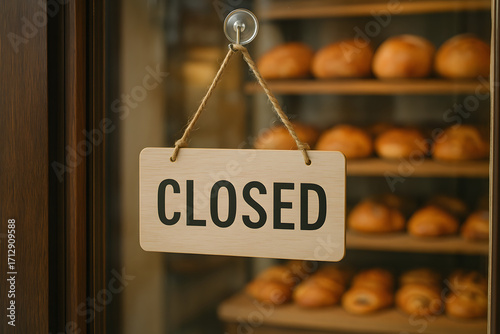 Closed sign hanging on bakery door with fresh bread in background
