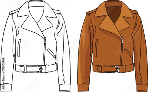 Leather jacket fashion illustration, black and white sketch with colored version, stylish outerwear design, vector clothing art, apparel concept, trendy garment rendering