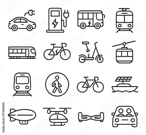 Electric and sustainable urban transportation icons: cars, buses, trains, bicycles, scooters