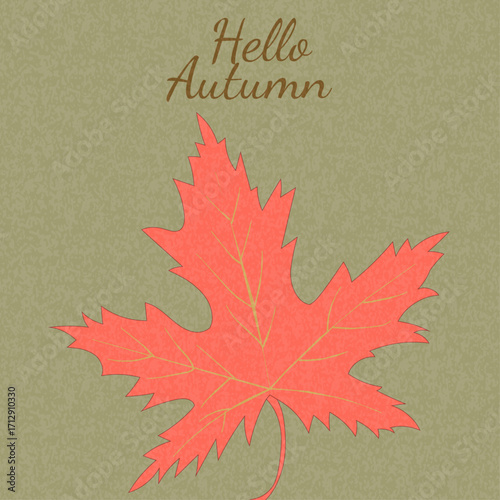 Autumn greeting card with red maple leaf illustration and hello autumn text on green paper background