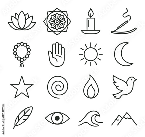 Spiritual symbols collection: lotus, candle, incense, yin yang, dove, mountains