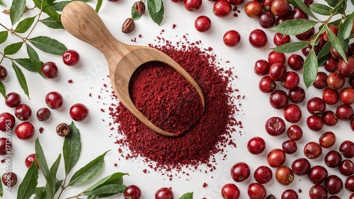 Top view of wooden scoop filled with dried cranberry powder alongside fresh berries and green leaves on white background