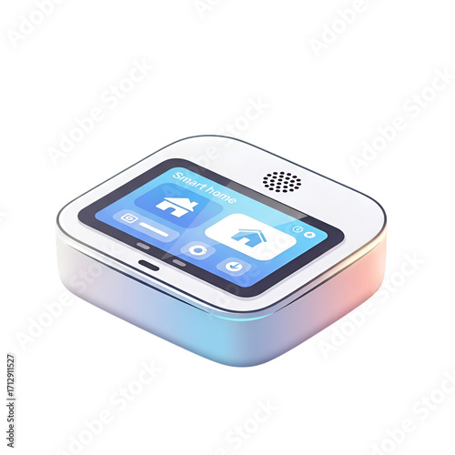 Smart home device with touchscreen interface displaying home icons, isolated on transparent background