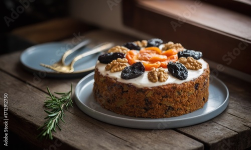 Wallpaper Mural Festive fruit cake on a gray plate, topped with dried fruit and nuts Torontodigital.ca