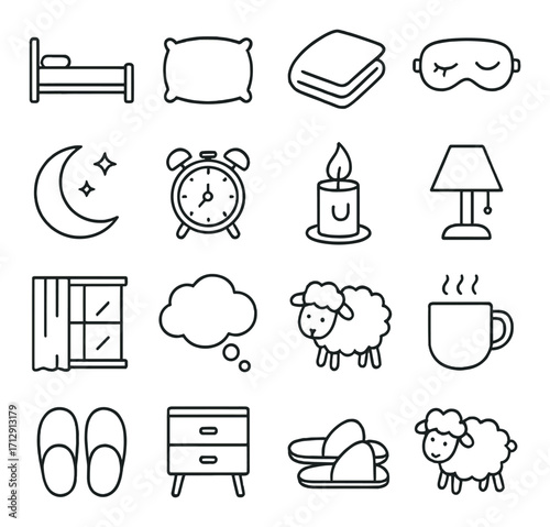 Set of sleep and relaxation icons: bed, pillow, eye mask, slippers, moon, sheep, alarm clock, mug