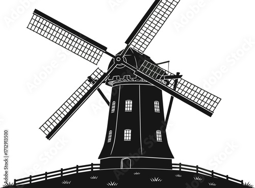 Traditional windmill silhouette, rural landscape icon, black and white illustration, historical architecture, renewable energy symbol, countryside scene design