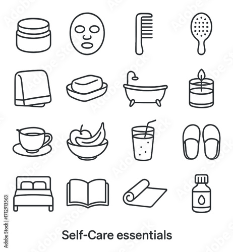 Self-care essentials: skincare, bath, relaxation, tea, fruits, wellness icons