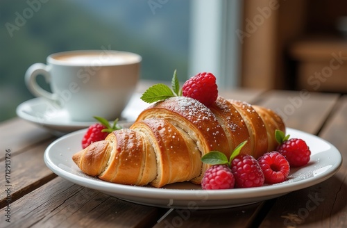 Romantic breakfast of croissants and coffee in the mountains at dawn. raspberry on top of the croissant. Coffee in a cup. Atmospheric