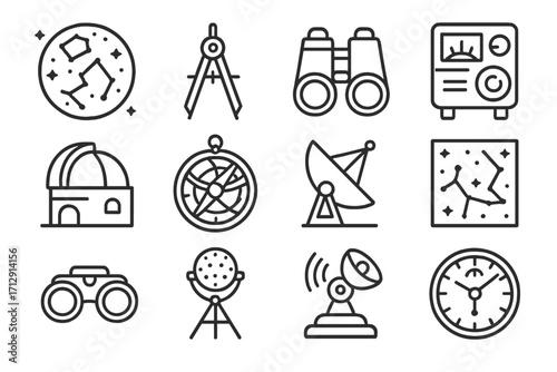 Icons astronomy goggles icon telescope star dome device radio projector chart vector