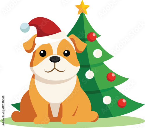 Cute bulldog puppy wearing a santa hat next to a decorated christmas tree