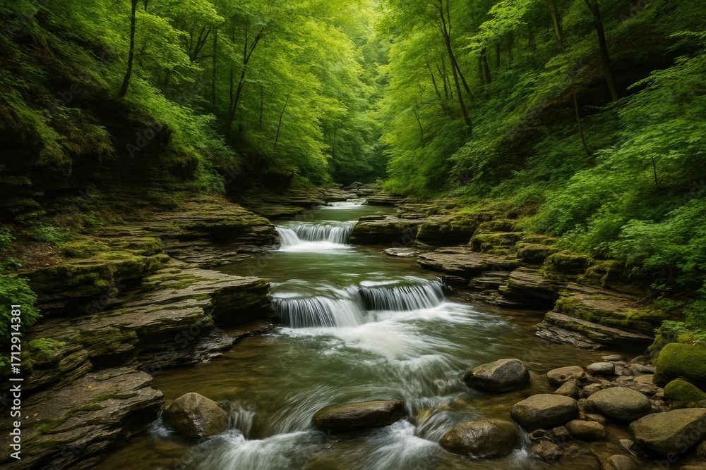 Obraz premium Natural landscape featuring trees, rocks, and flowing water in a park