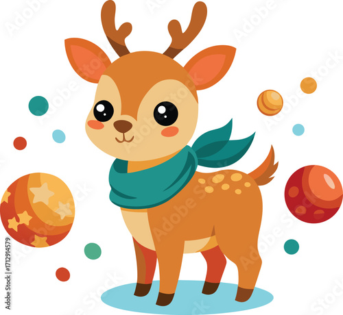 Cute cartoon reindeer with festive ornaments and scarf