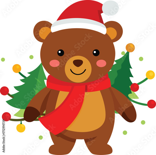 Cute christmas bear wearing santa hat and scarf with trees and ornaments