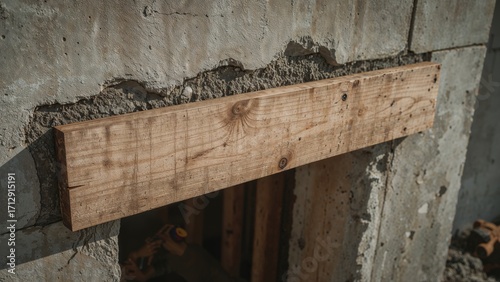 Wooden boards attached to a wall serving as a form for pouring a concrete lintel in a building project