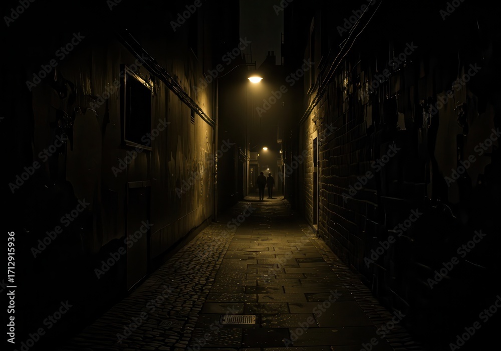 Obraz premium A narrow, shadowed alleyway at night, illuminated by a single streetlamp, casts long, dramatic shadows.