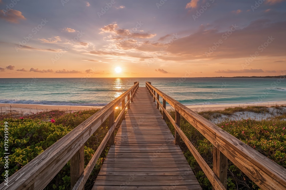 Obraz premium Sunset over a wooden footbridge with water and sky in a summer beach setting