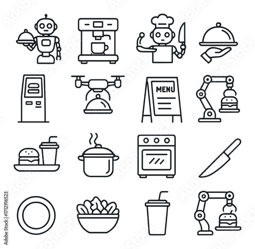 Robotics in restaurant industry: automation and robotics icons in modern dining