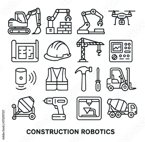 Construction robotics icons: machinery, technology, drone, tools, automation