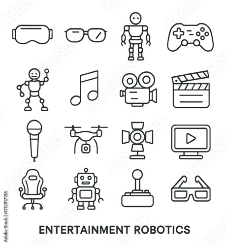 Entertainment robotics icons: gaming, film, music, robots, technology
