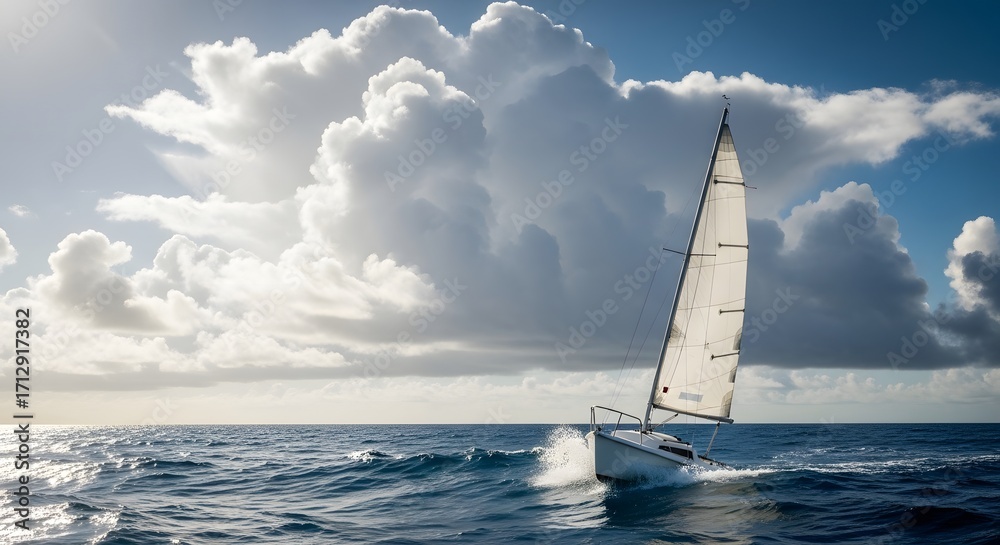 Obraz premium Small White Sailboat on Calm Water: Summer Vacation Scene