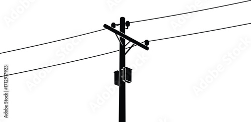 Utility pole silhouette, electrical infrastructure, black and white illustration, power distribution system, transformer design, urban energy, engineering structure