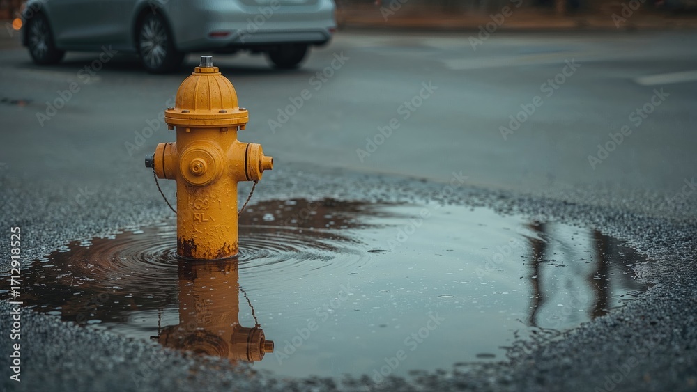 Fototapeta premium Reflection of a yellow fire hydrant in floodwater