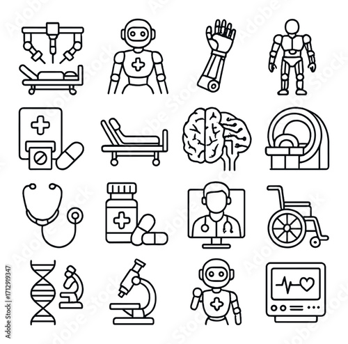 Medical technology icons featuring robotics, healthcare equipment, and diagnostic tools
