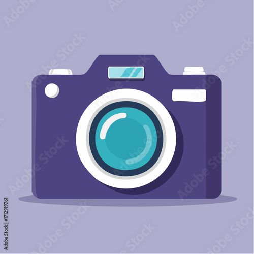 A minimalist vector illustration of a purple camera. This flat design graphic features a lens and built-in flash, isolated on a simple background