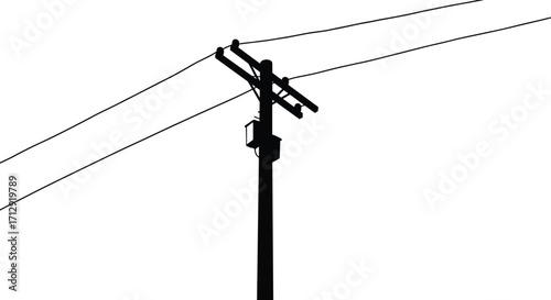 Utility pole silhouette, power line infrastructure, black and white illustration, electrical distribution system, urban energy layout, engineering structure icon